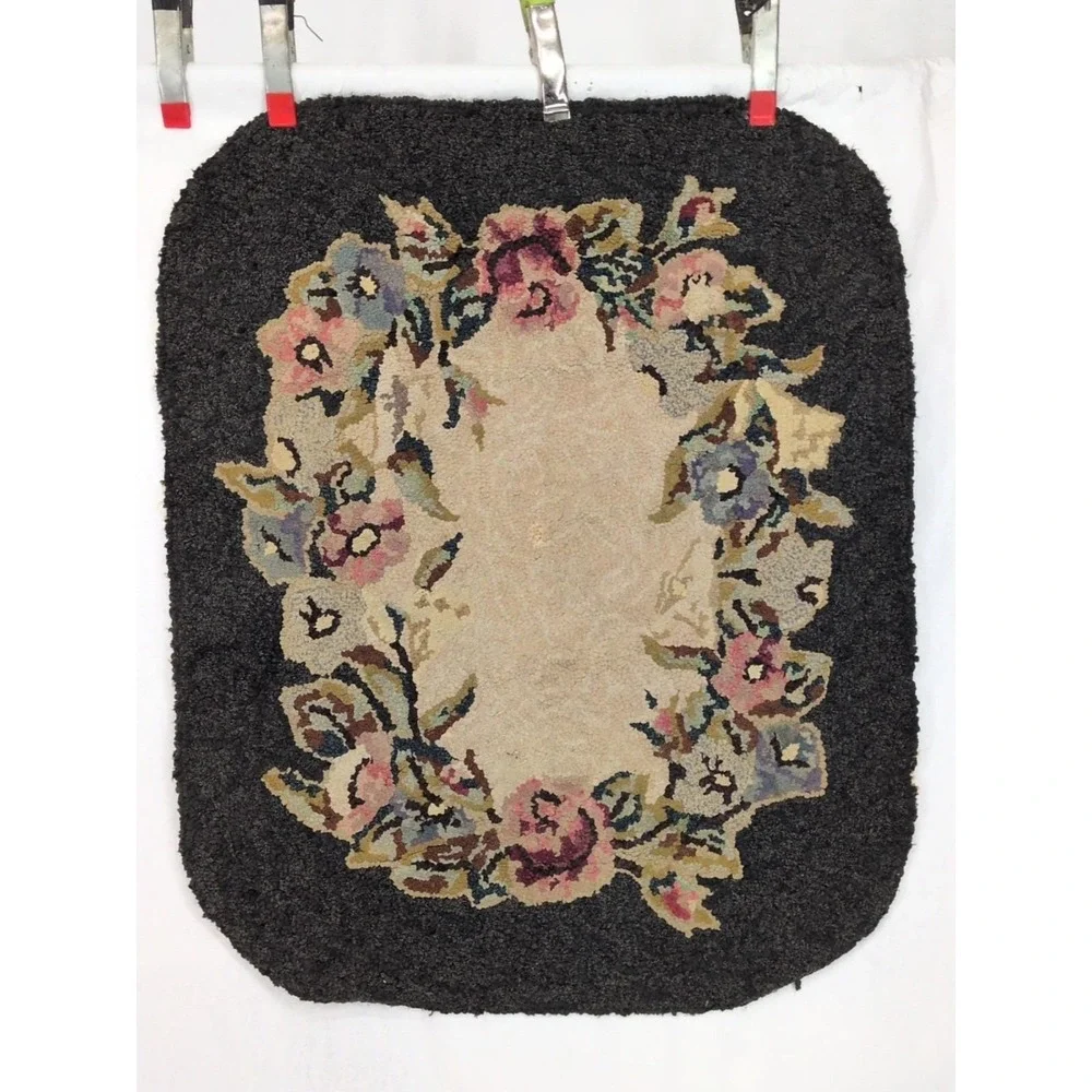 Vintage Hooked Rug Wool Early  Black Floral Pattern Oval 34